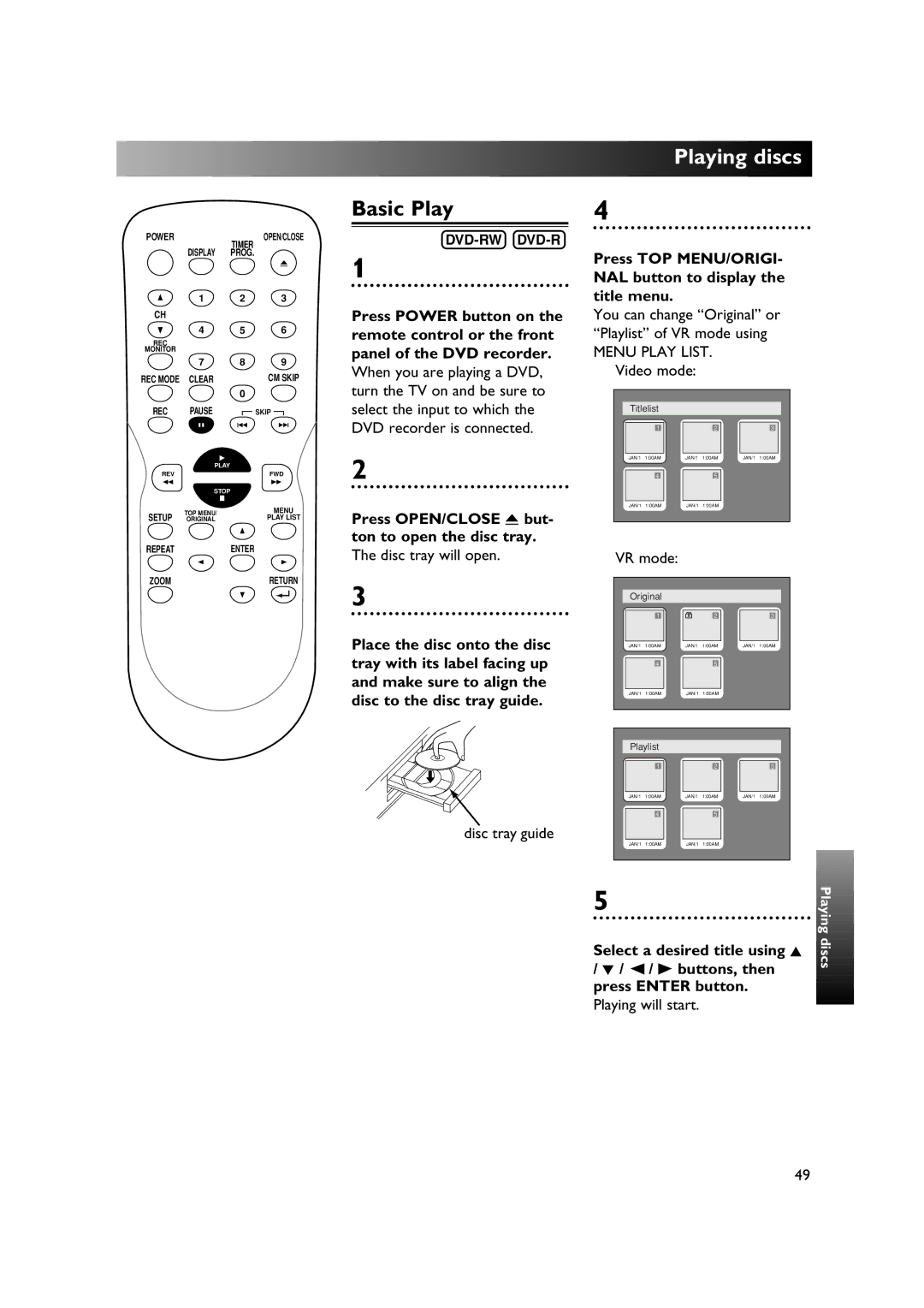 Sylvania DVR90DE owner manual Basic Play, Press OPEN/CLOSE a but- ton to open the disc tray, Select a desired title using K 