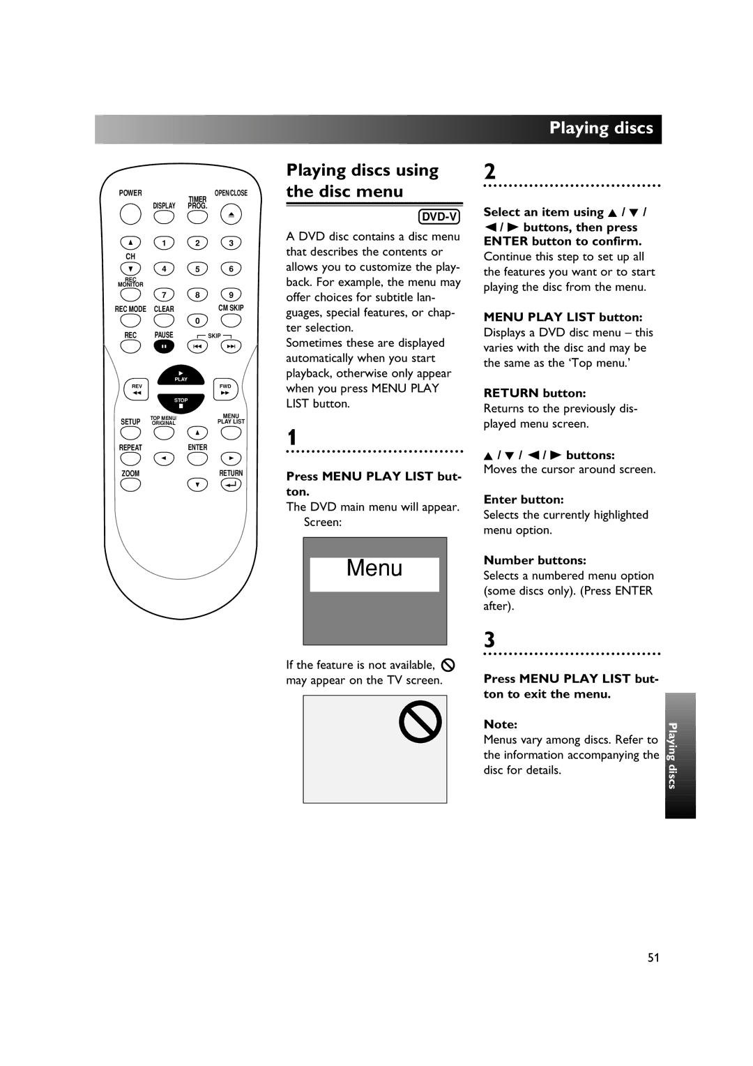 Sylvania DVR90DE owner manual B buttons, Press Menu Play List but- ton to exit the menu 