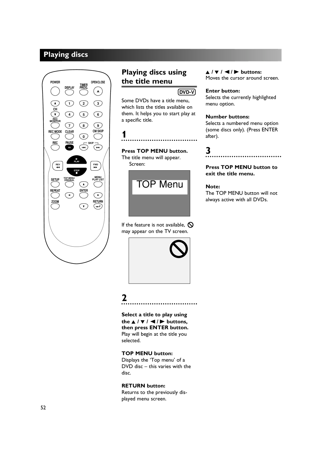 Sylvania DVR90DE owner manual Press TOP Menu button to exit the title menu 