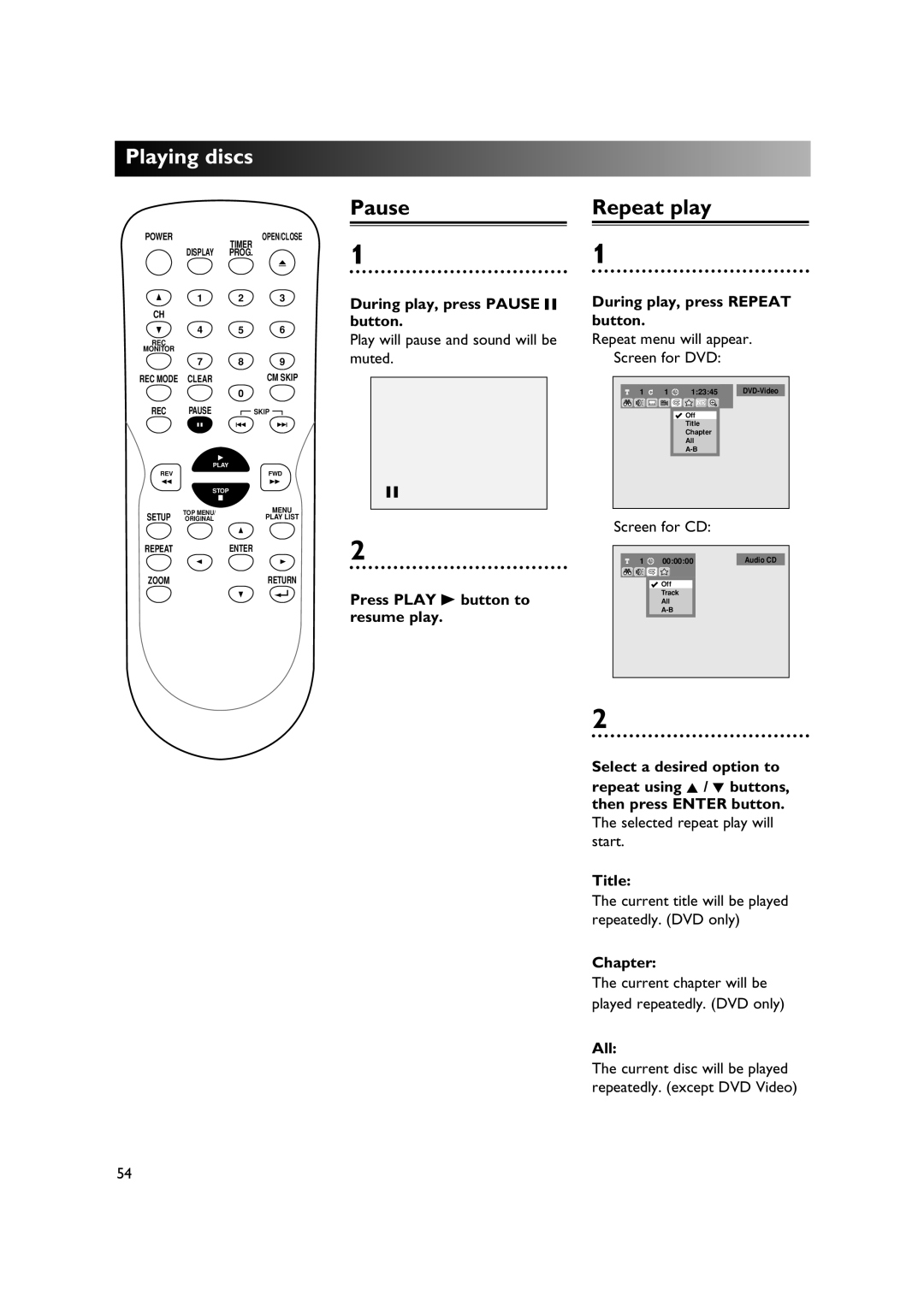 Sylvania DVR90DE owner manual Pause Repeat play, Title, Chapter, All 