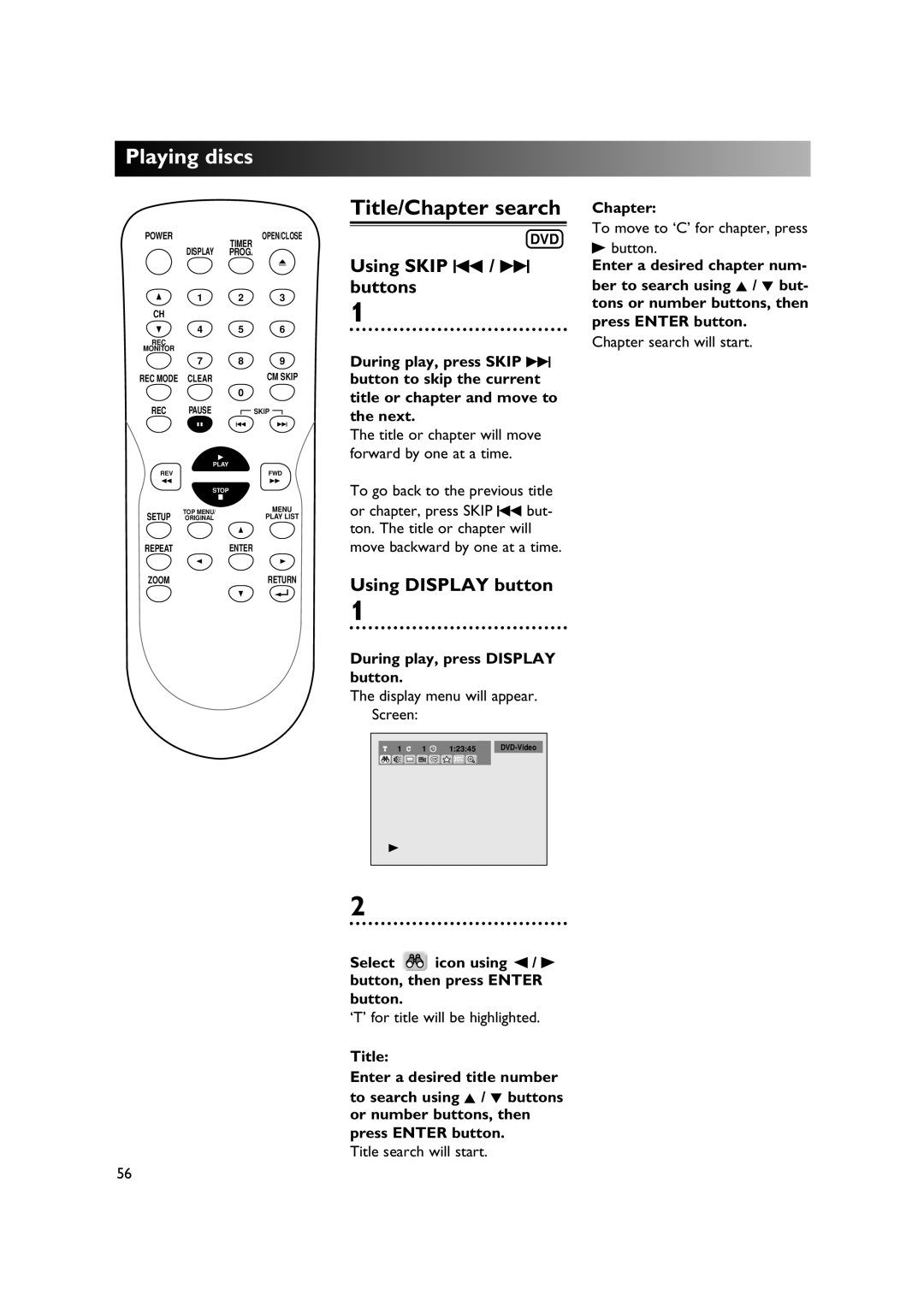 Sylvania DVR90DE Title/Chapter search, Using Skip H / G buttons, Using Display button, During play, press Display button 