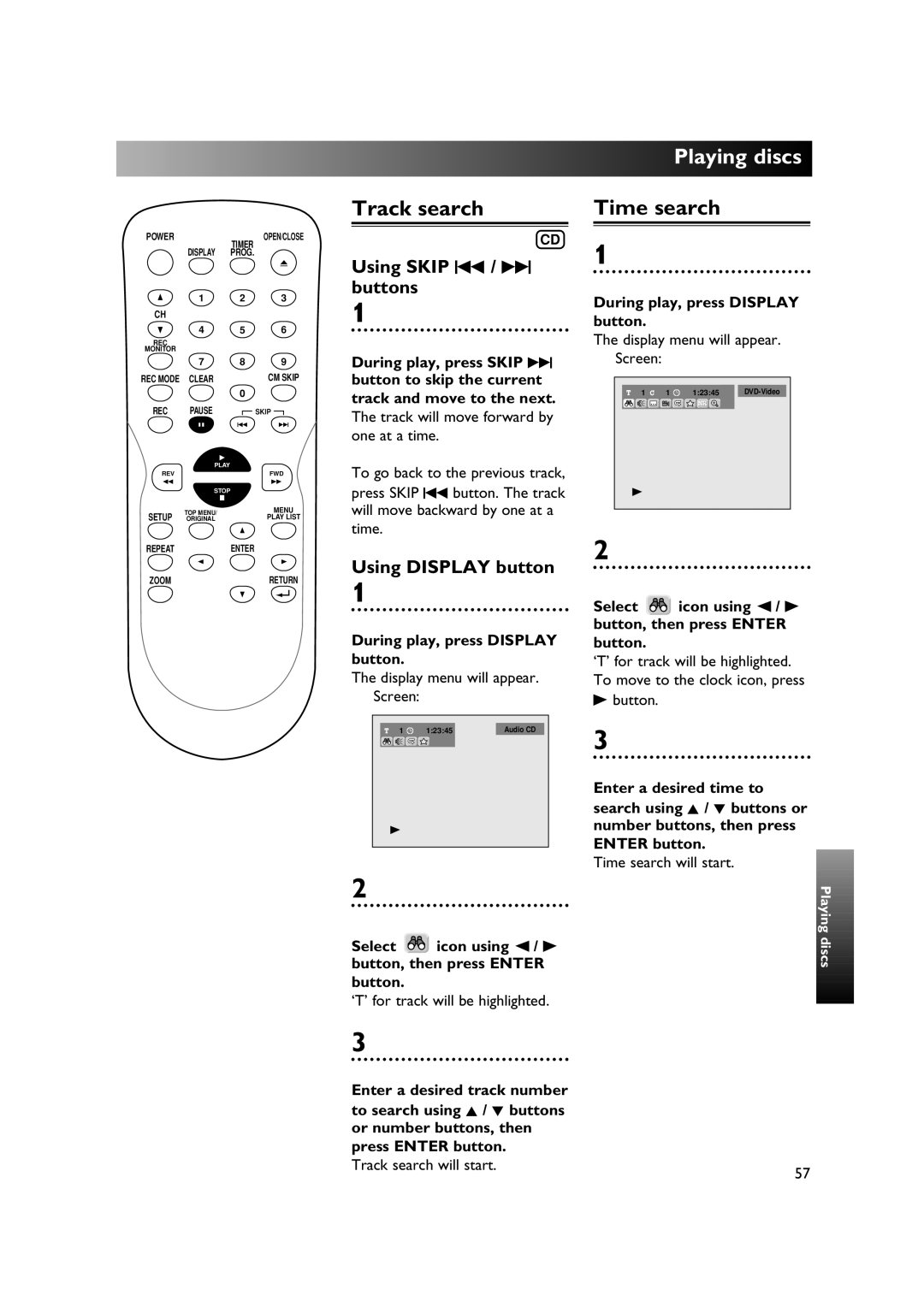 Sylvania DVR90DE owner manual Track search Time search, Using Skip H / G, Buttons 