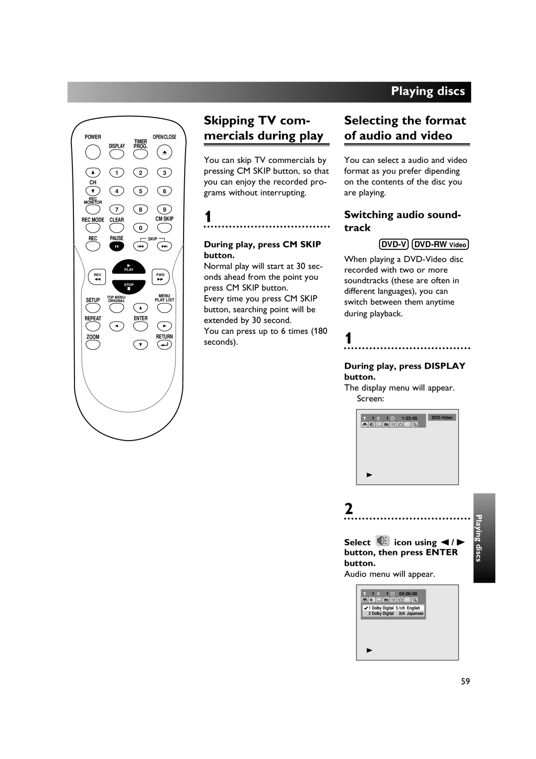 Sylvania DVR90DE owner manual Grams without interrupting Are playing, Audio menu will appear 