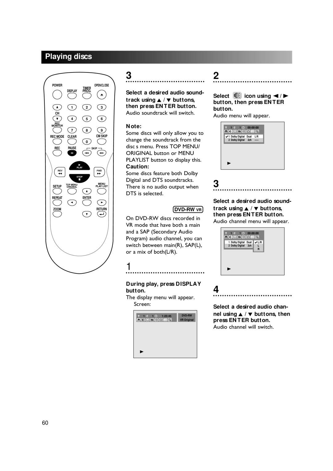 Sylvania DVR90DE owner manual Audio soundtrack will switch, Audio channel menu will appear, Audio channel will switch 