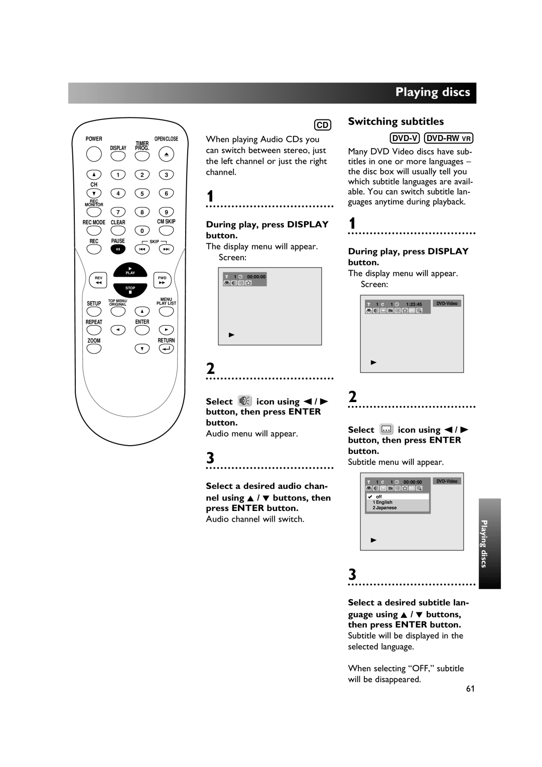 Sylvania DVR90DE owner manual Switching subtitles, Display menu will appear Screen, Subtitle menu will appear 