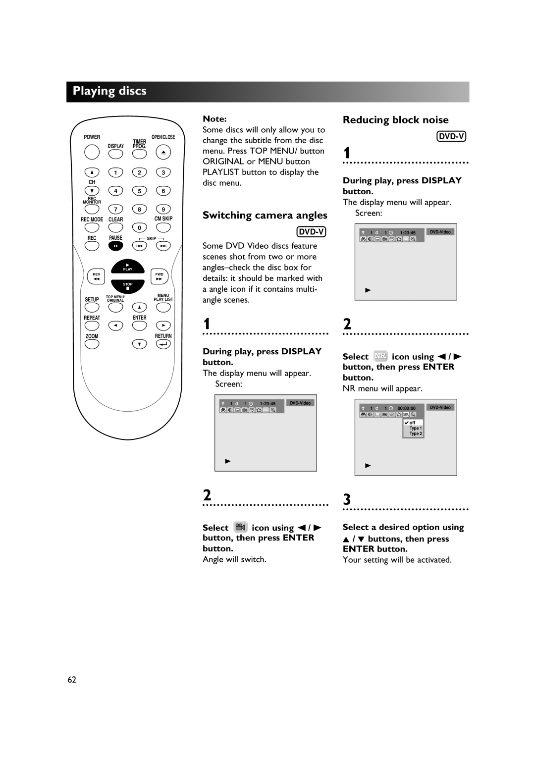 Sylvania DVR90DE owner manual Reducing block noise, Switching camera angles 