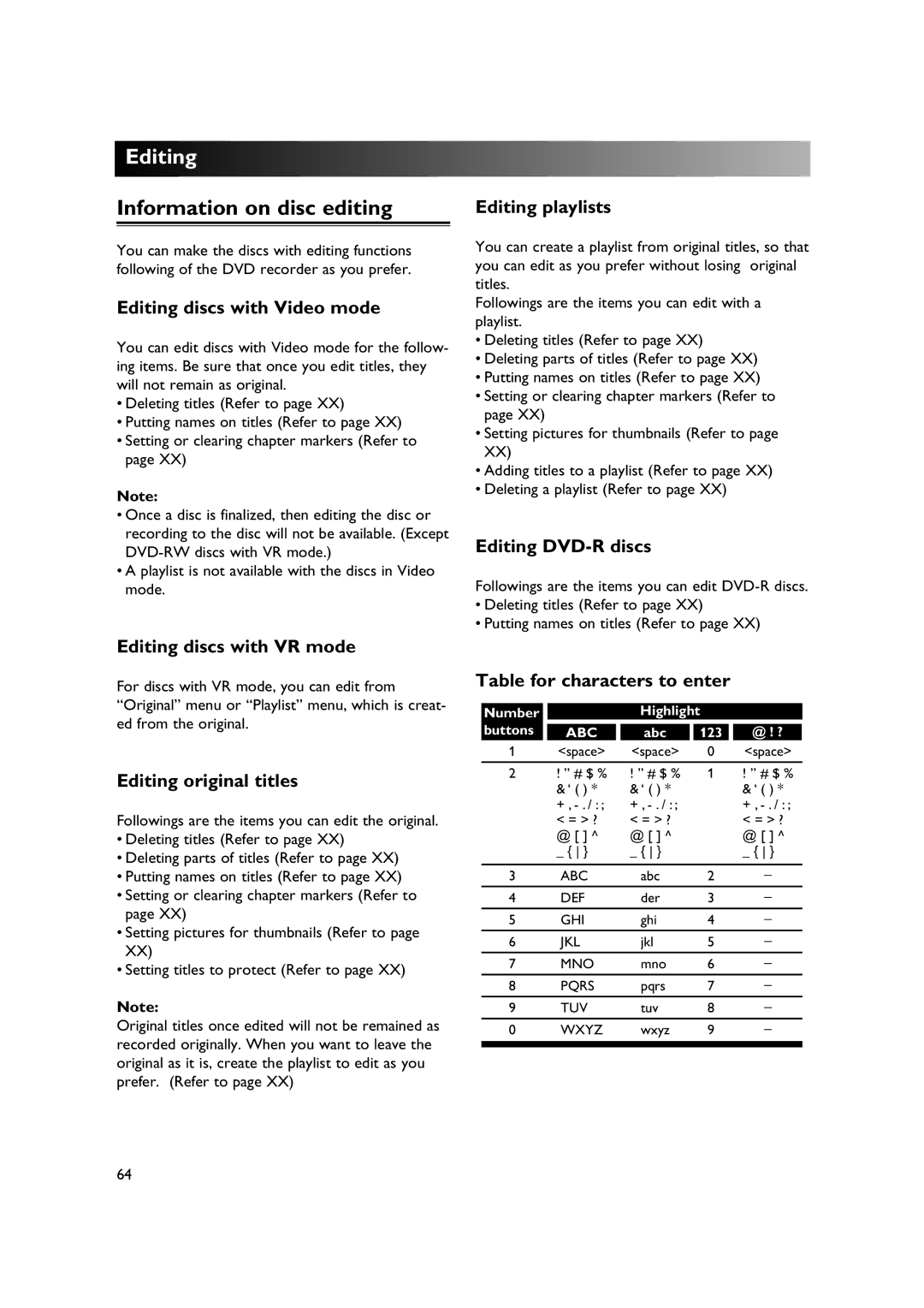 Sylvania DVR90DE owner manual Editing, Information on disc editing 