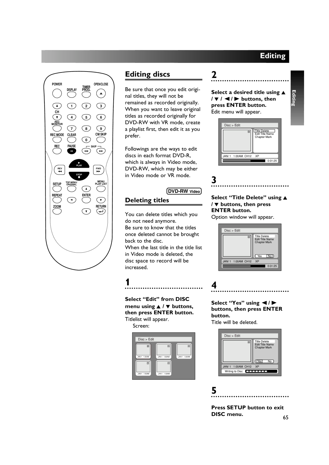 Sylvania DVR90DE owner manual Editing discs, Deleting titles, Buttons, then Press Enter button Edit menu will appear 