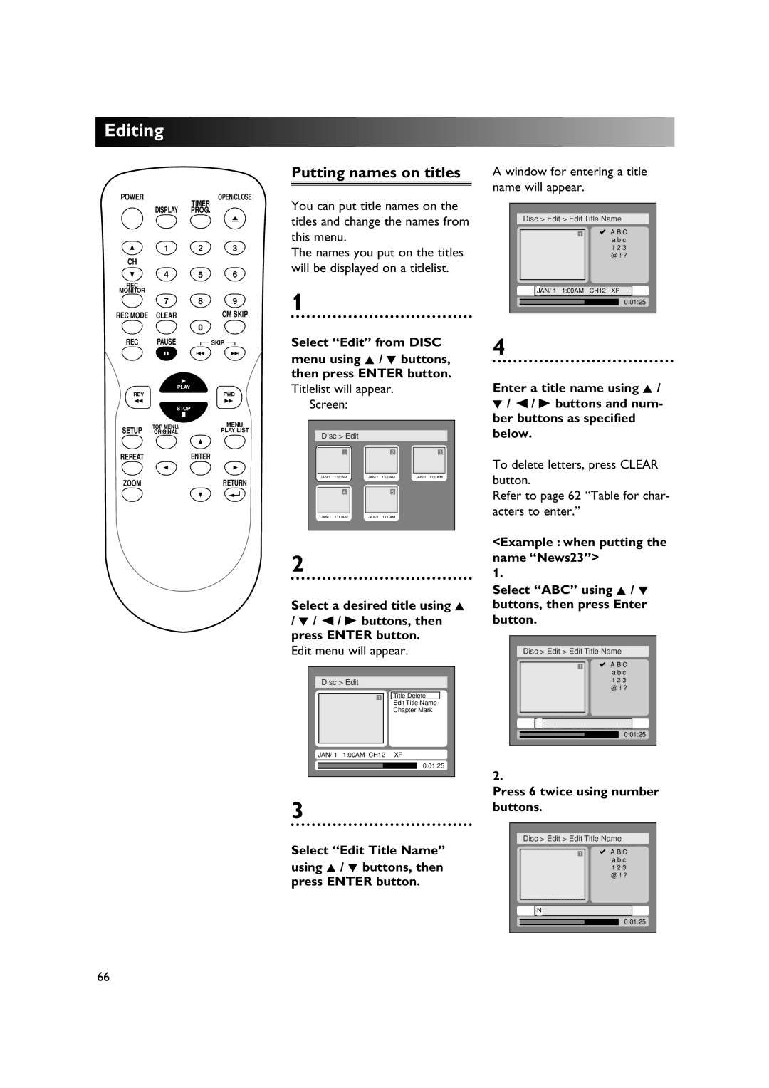 Sylvania DVR90DE owner manual Putting names on titles, Press 6 twice using number Buttons 