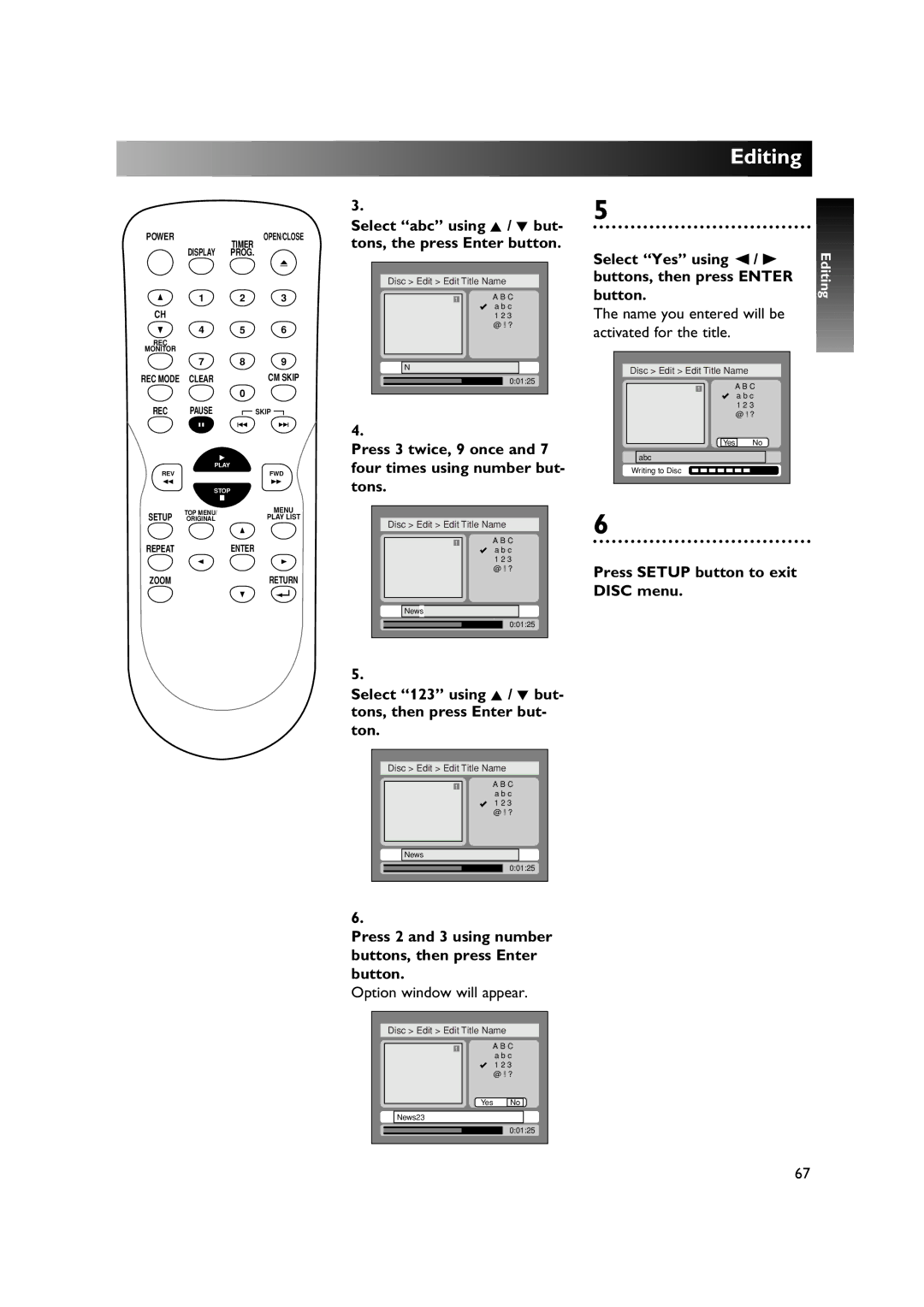 Sylvania DVR90DE owner manual Select abc using K / L but, Tons, the press Enter button, Press 3 twice, 9 once 