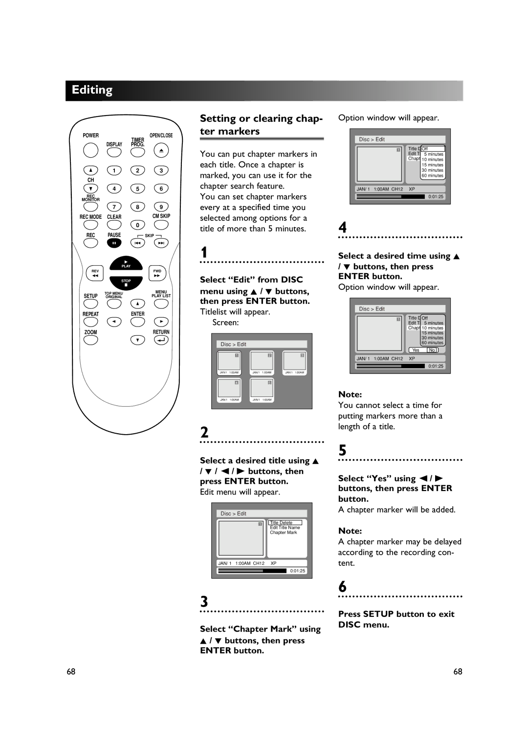 Sylvania DVR90DE owner manual Setting or clearing chap- ter markers, Titlelist will appear Screen 