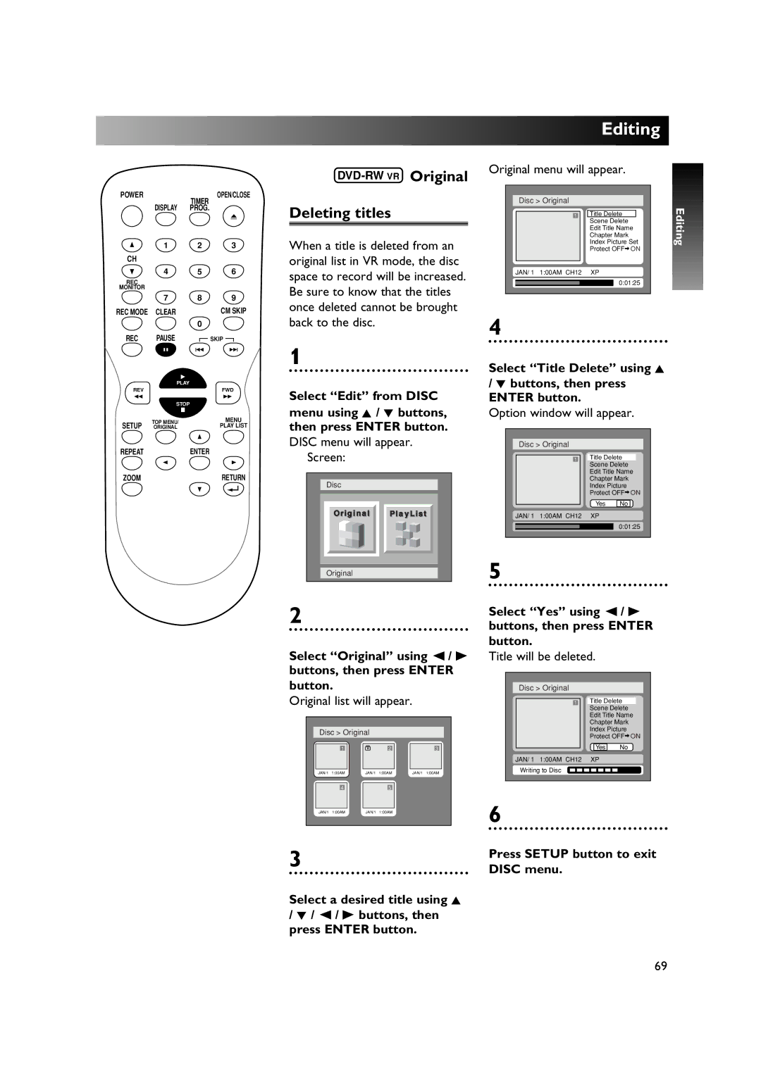 Sylvania DVR90DE owner manual DVD-RWVR Original Deleting titles, Disc menu will appear Screen, Original menu will appear 