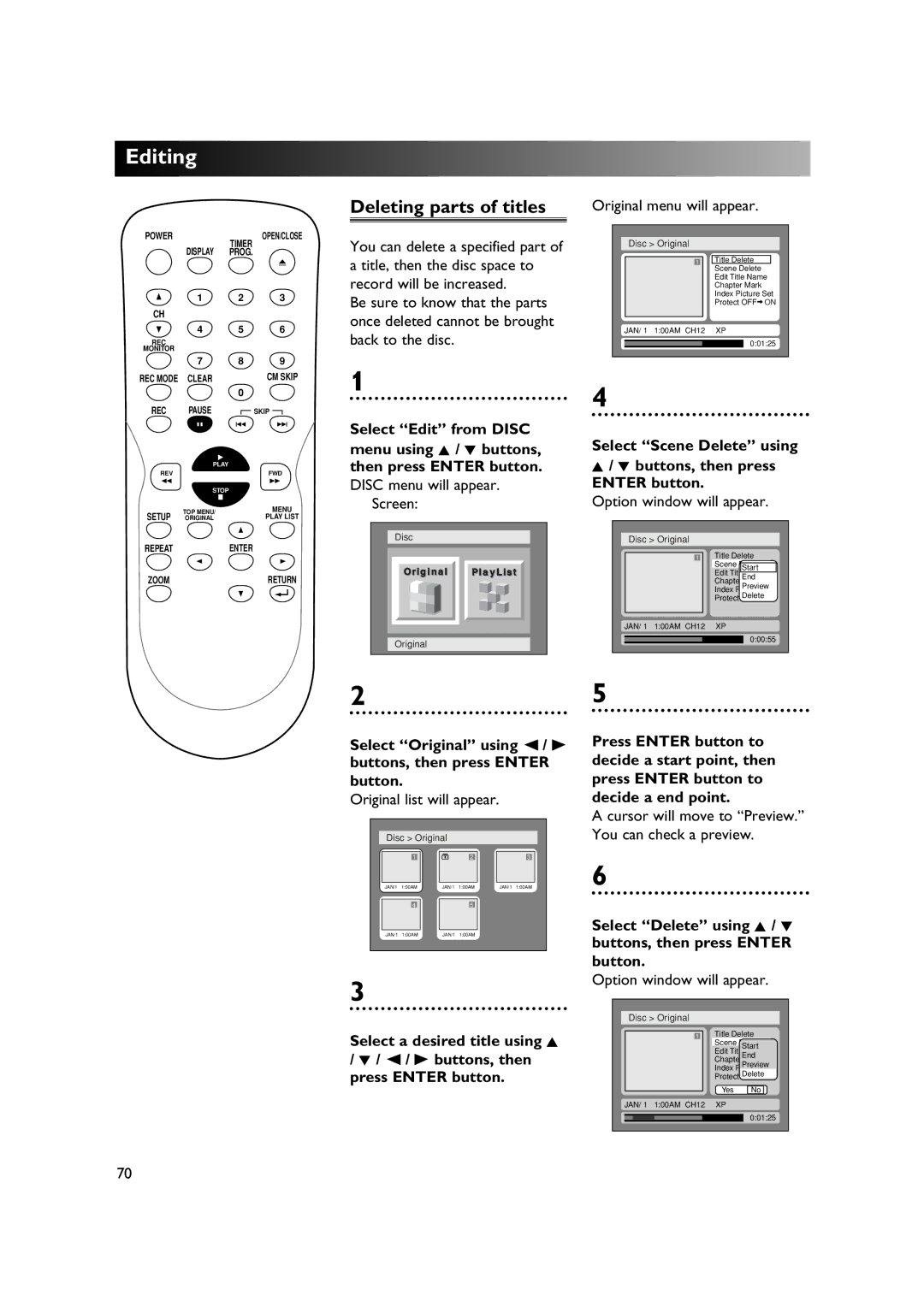 Sylvania DVR90DE owner manual Deleting parts of titles, Select Scene Delete using Buttons, then press 