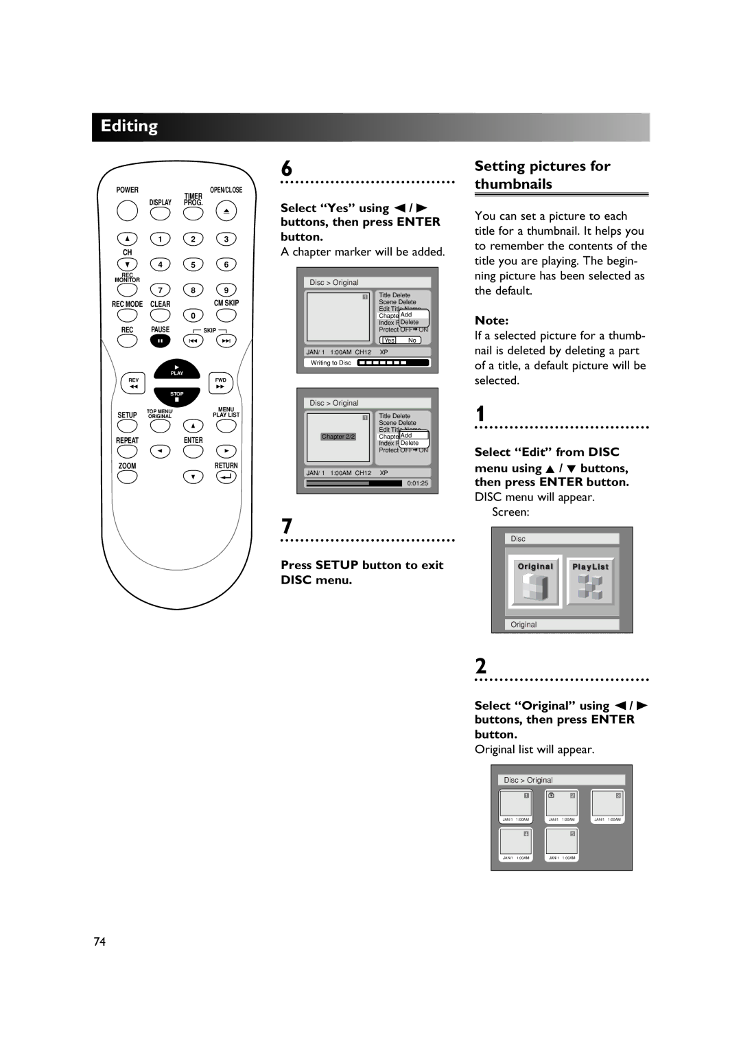 Sylvania DVR90DE owner manual Setting pictures for thumbnails, Chapter marker will be added 