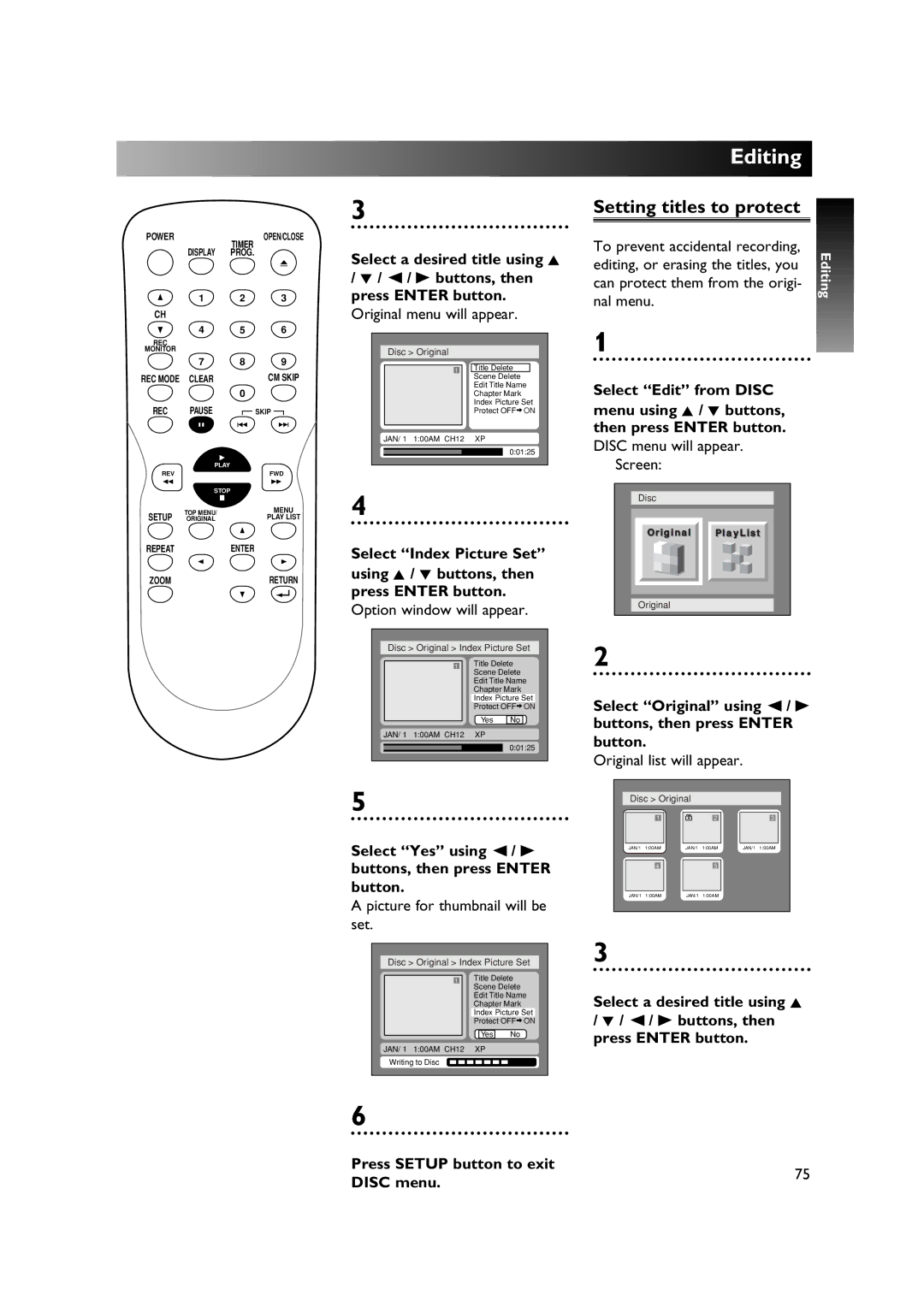 Sylvania DVR90DE Setting titles to protect, To prevent accidental recording, Editing, or erasing the titles, you, Nal menu 