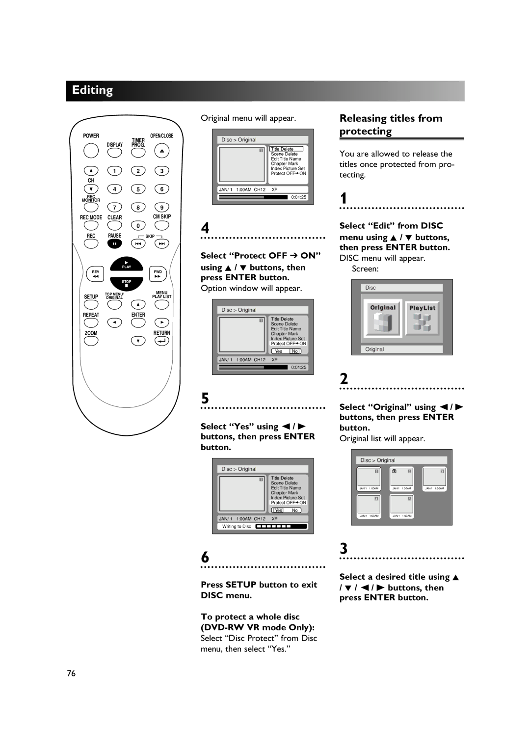 Sylvania DVR90DE owner manual Releasing titles from protecting, Select Disc Protect from Disc menu, then select Yes 