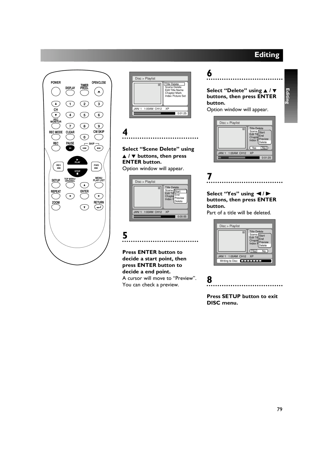 Sylvania DVR90DE owner manual Select Scene Delete using Buttons, then press Enter button, Select Delete using K / L 