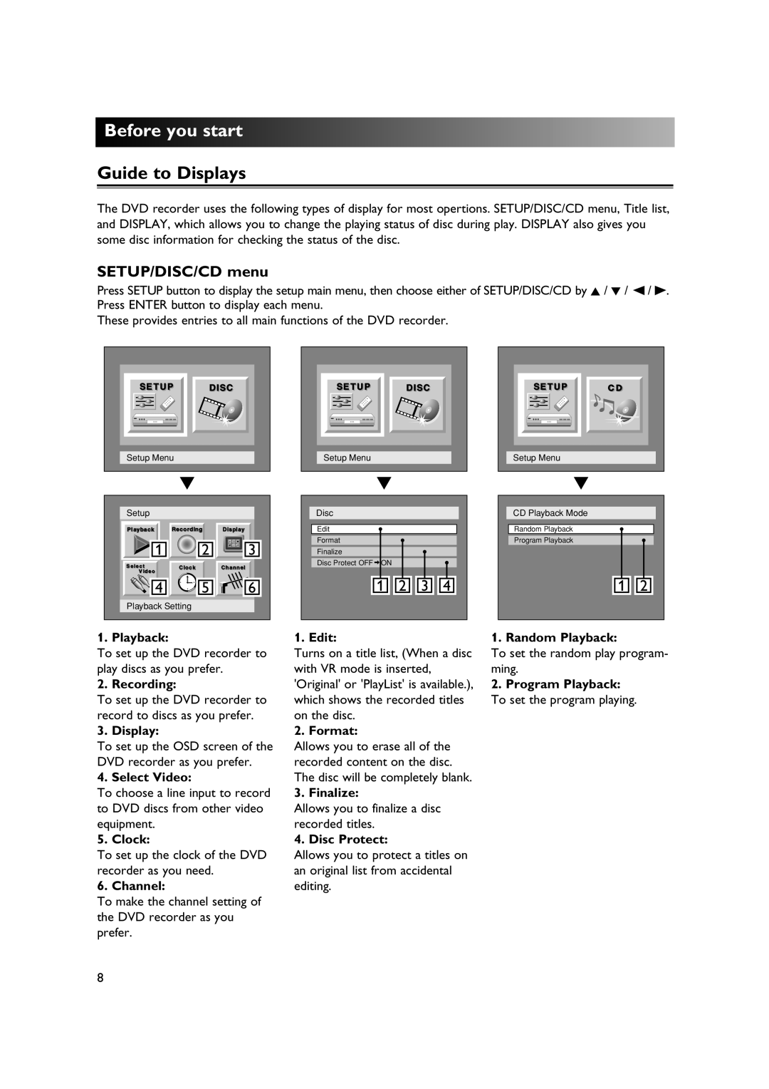 Sylvania DVR90DE owner manual Guide to Displays, SETUP/DISC/CD menu 