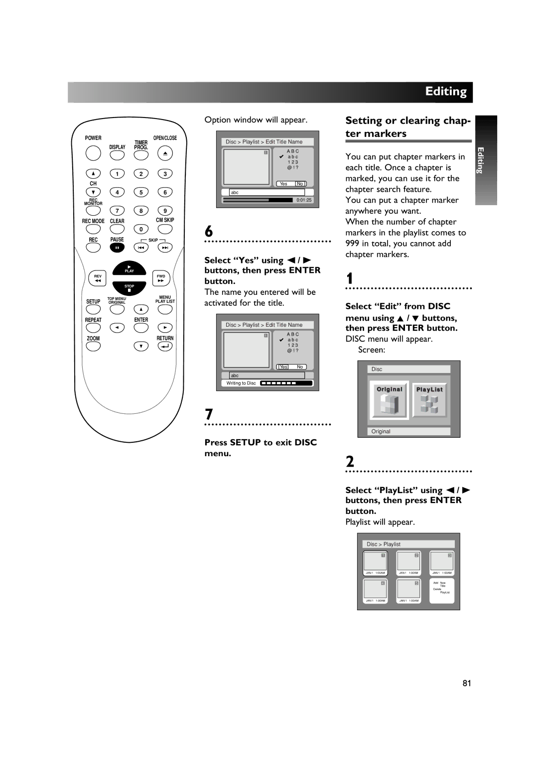 Sylvania DVR90DE owner manual Setting or clearing chap, Ter markers 