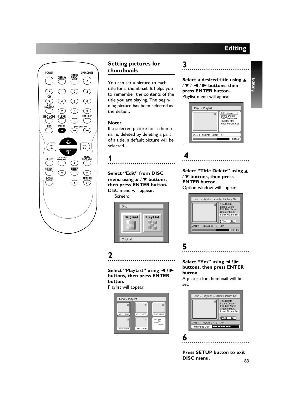 Sylvania DVR90DE owner manual Buttons, then Press Enter button Playlist menu will appear, Picture for thumbnail will be set 