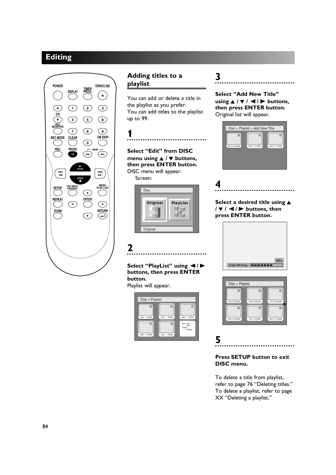 Sylvania DVR90DE owner manual Adding titles to a playlist, Original list will appear 