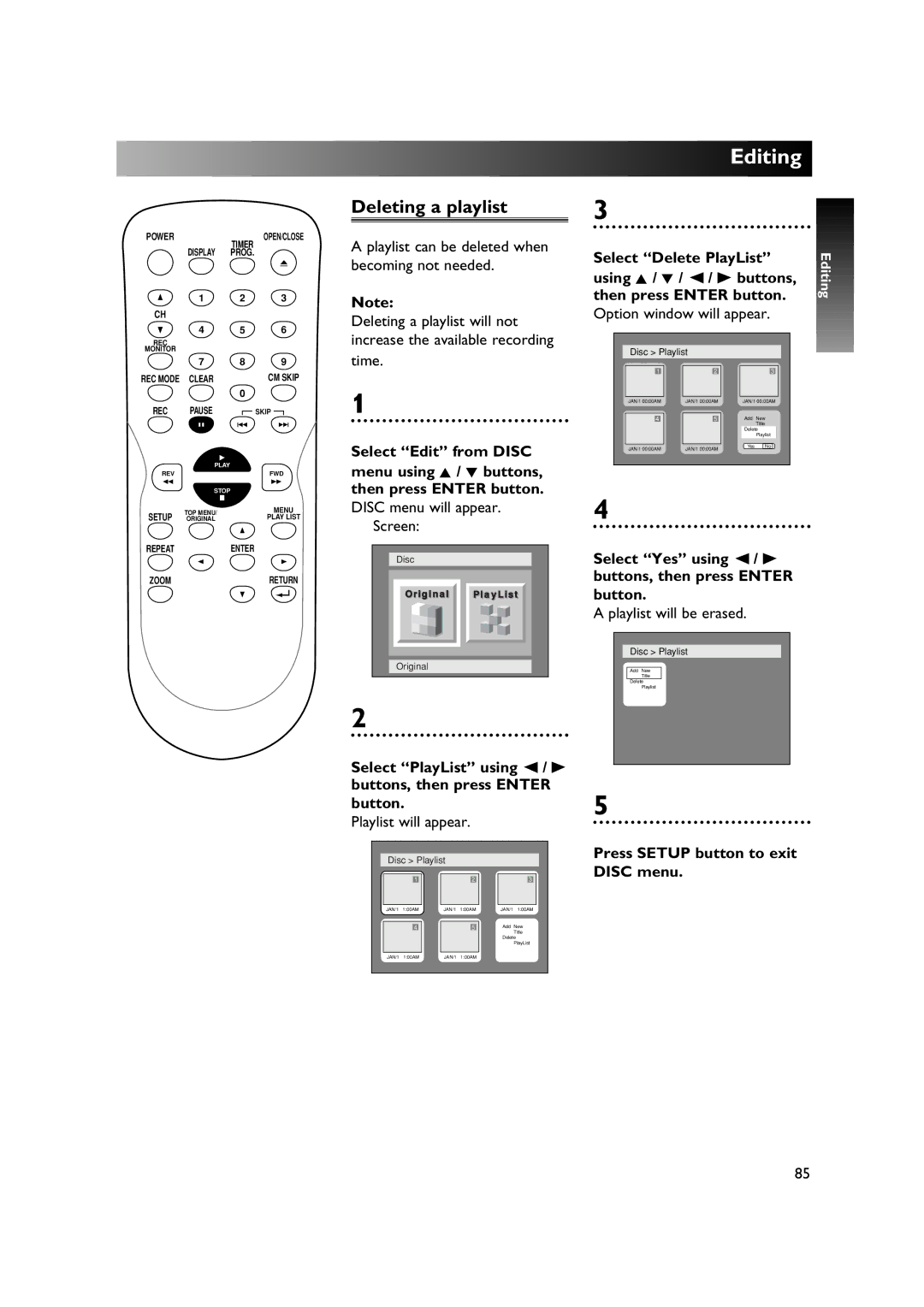 Sylvania DVR90DE Deleting a playlist, Select Delete PlayList Using K / L / / B buttons, Then press Enter button 