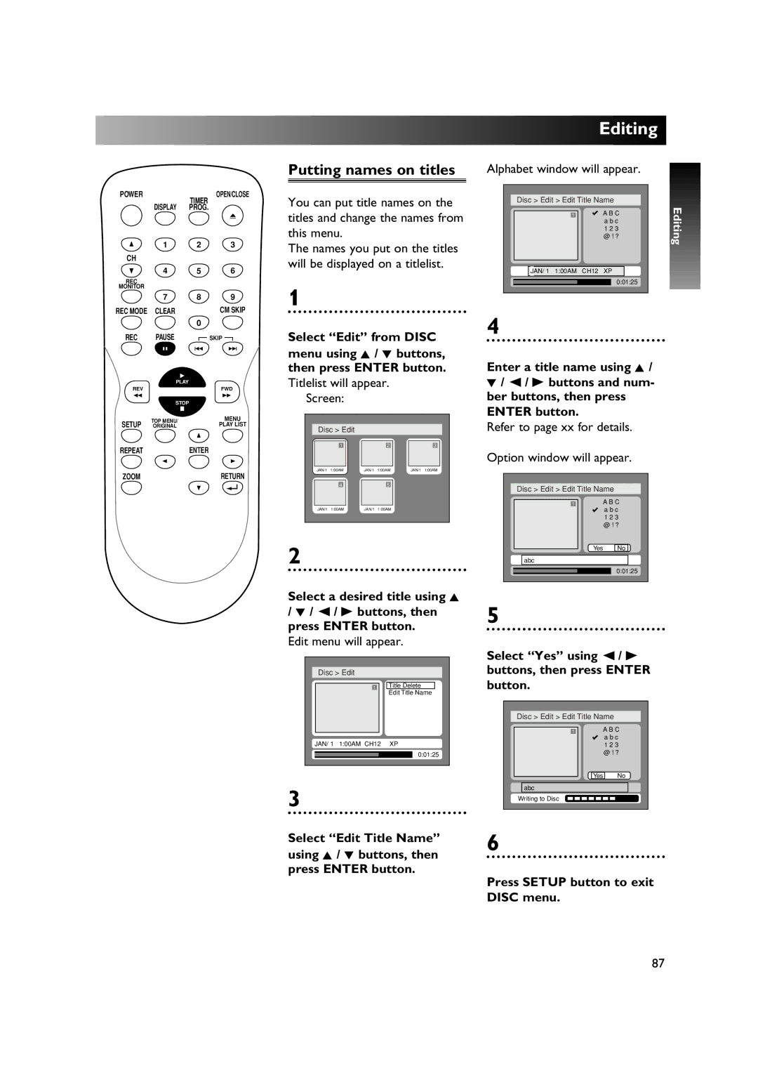 Sylvania DVR90DE owner manual Titlelist will appear Screen Alphabet window will appear 