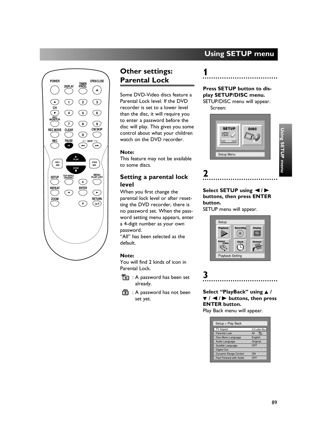 Sylvania DVR90DE owner manual Other settings Parental Lock, Setting a parental lock level 