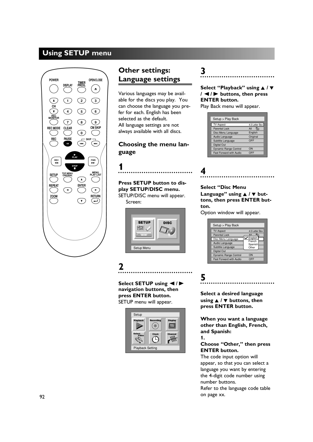 Sylvania DVR90DE owner manual Choosing the menu lan- guage, Select Playback using K / L Buttons, then press Enter button 