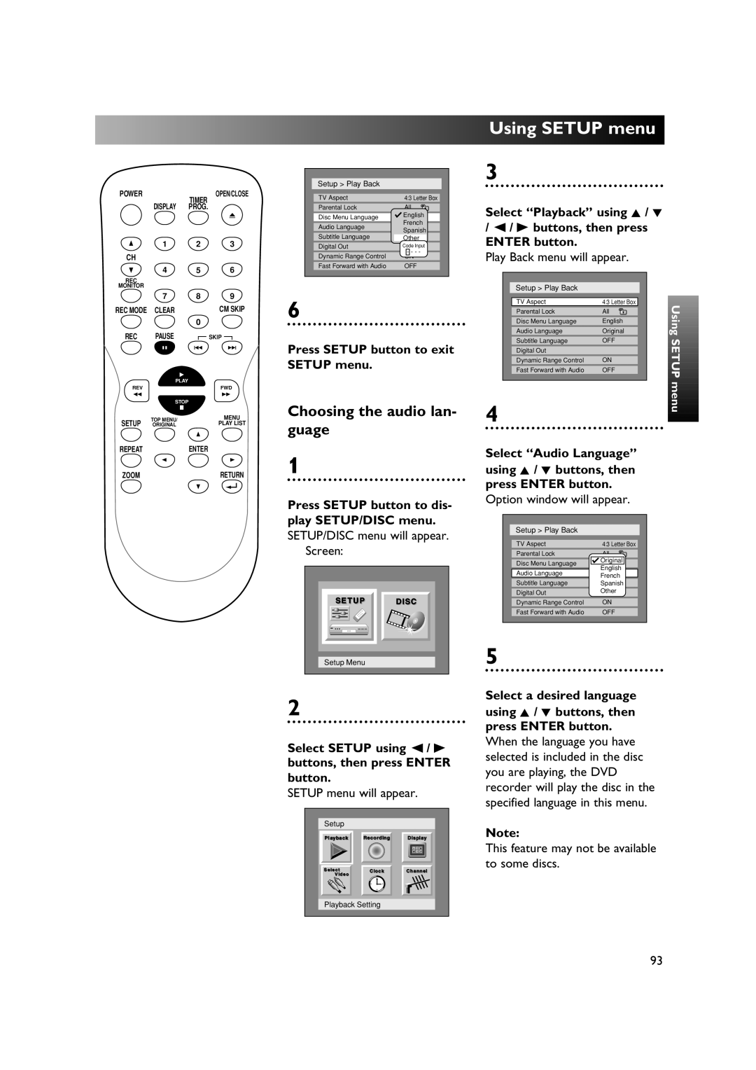 Sylvania DVR90DE owner manual Choosing the audio lan- guage, Play SETUP/DISC menu, SETUP/DISC menu will appear 