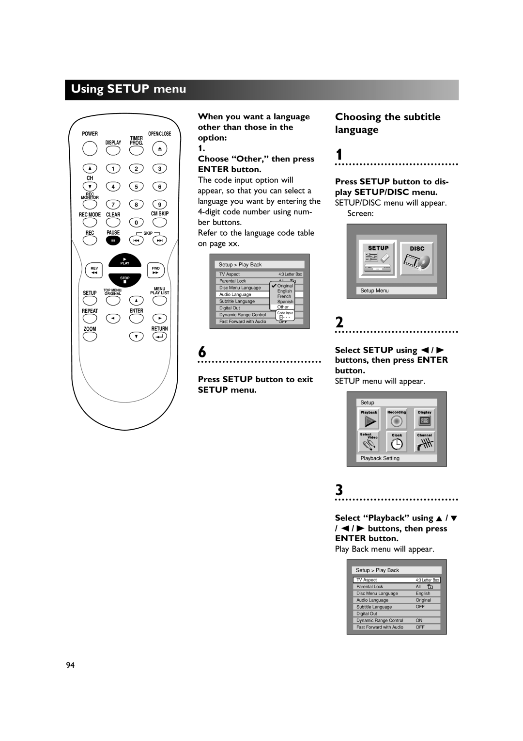 Sylvania DVR90DE owner manual Choosing the subtitle language 