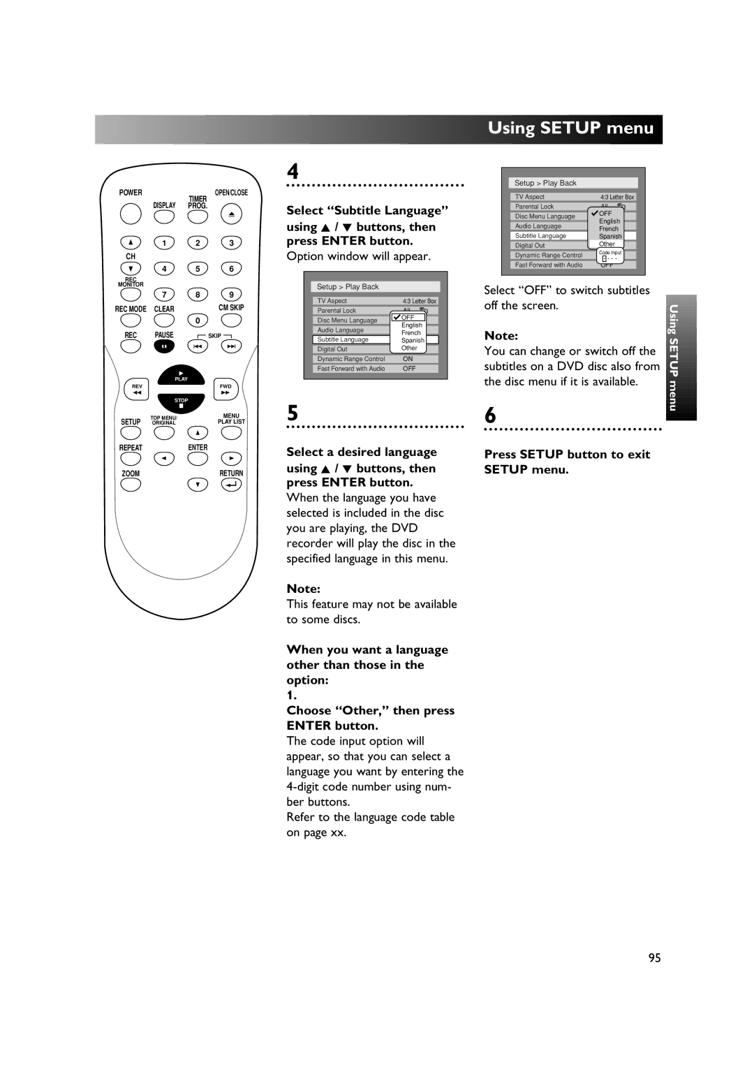 Sylvania DVR90DE owner manual Select OFF to switch subtitles off the screen 