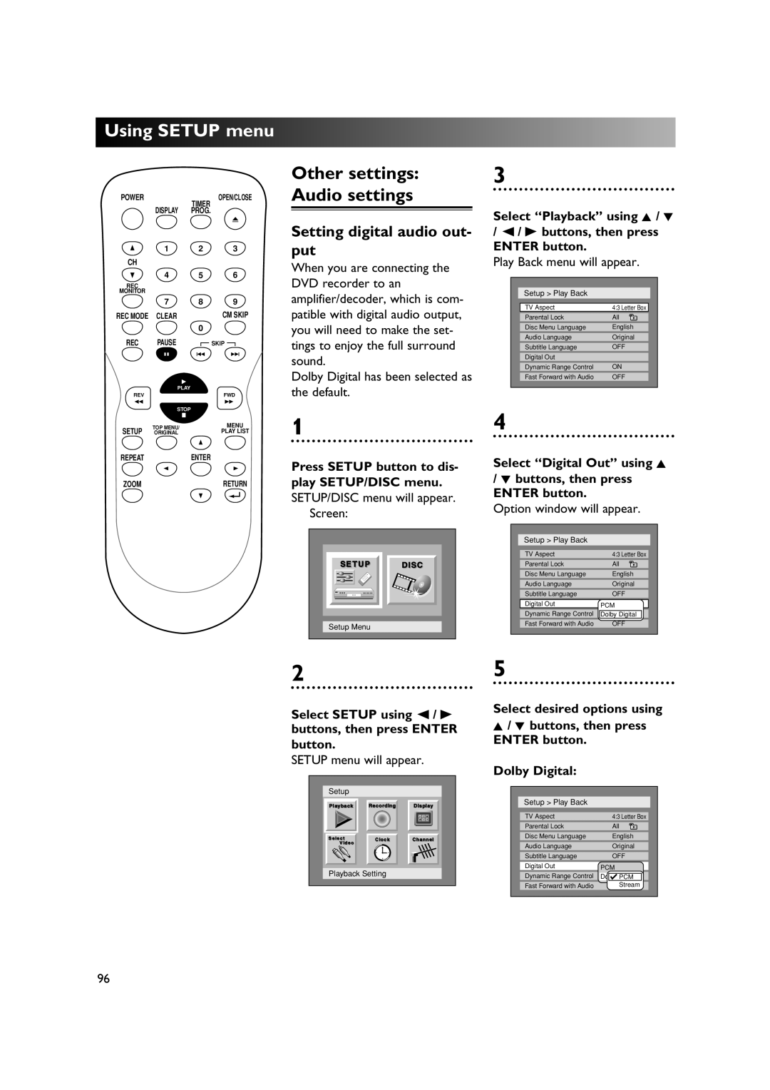 Sylvania DVR90DE owner manual Other settings Audio settings, Setting digital audio out- put 