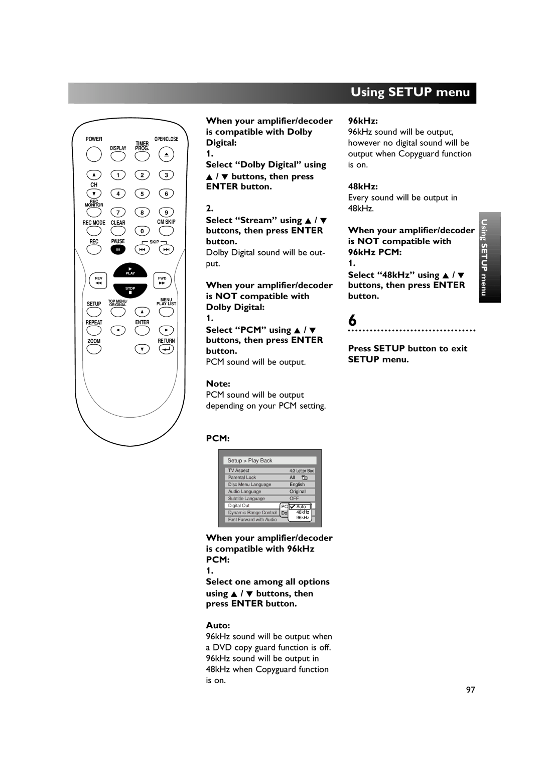 Sylvania DVR90DE When your amplifier/decoder, Is not compatible with, 96kHz PCM, Select 48kHz using K / L 