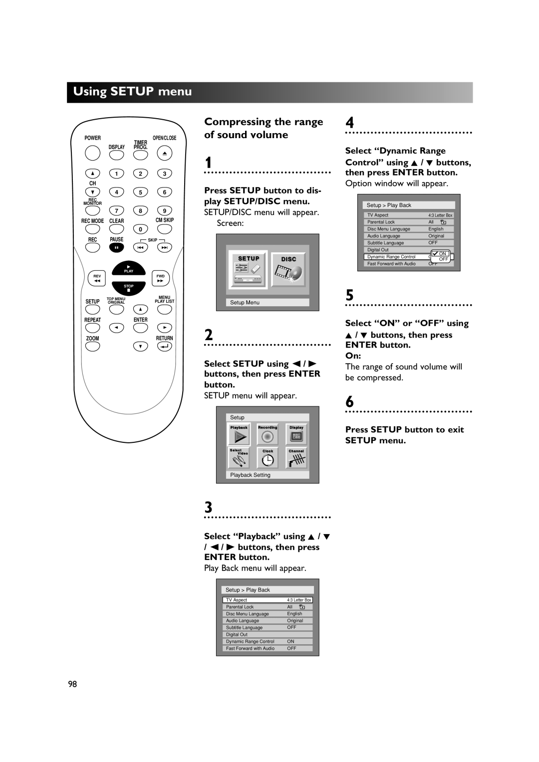 Sylvania DVR90DE Compressing the range of sound volume, Select on or OFF using Buttons, then press Enter button. On 