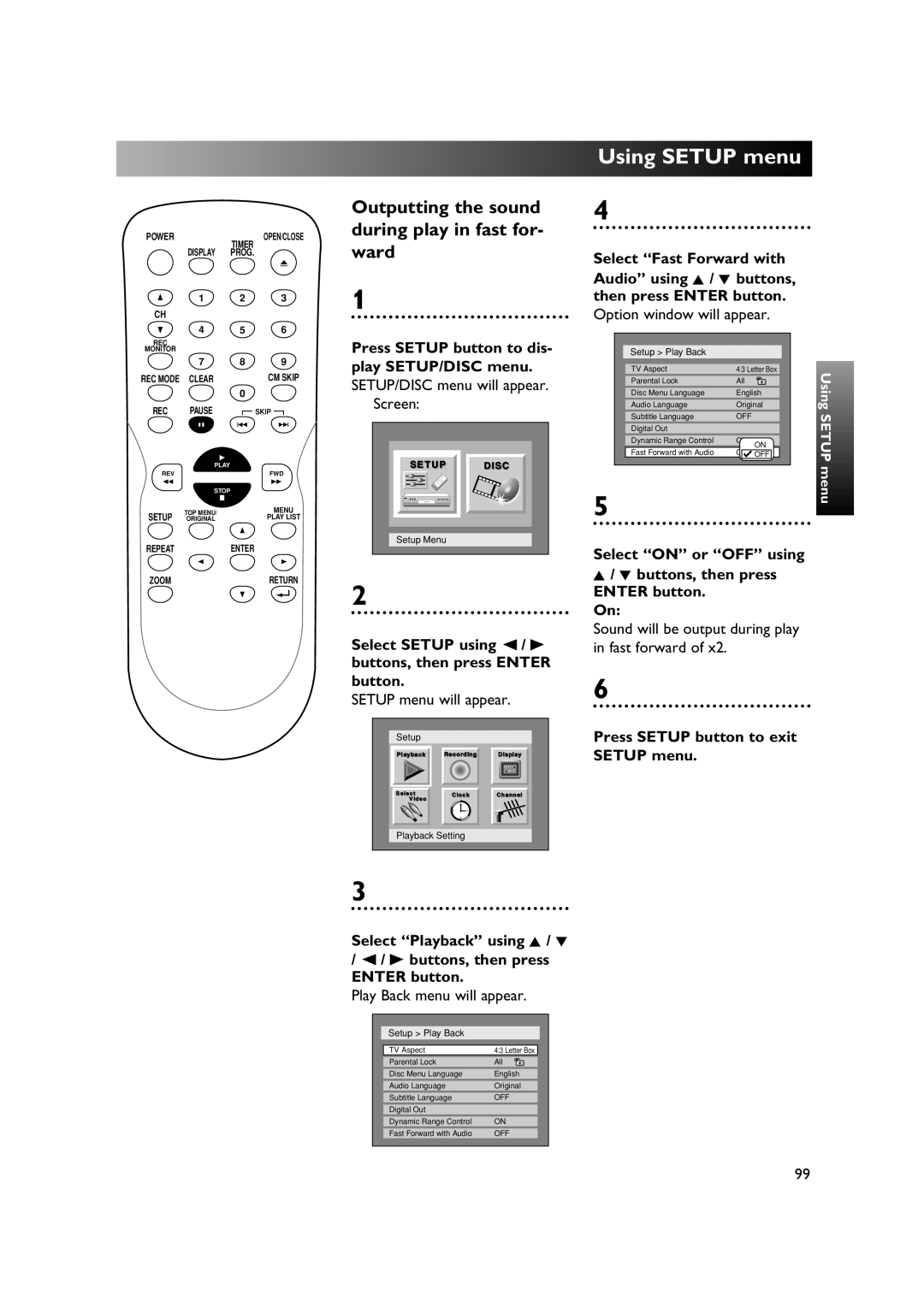 Sylvania DVR90DE Outputting the sound during play in fast for- ward, Sound will be output during play in fast forward 