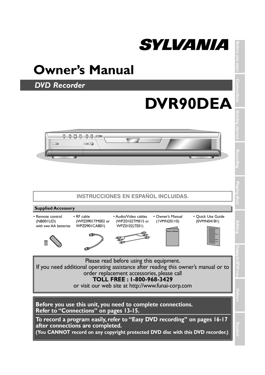 Sylvania DVR90DEA owner manual Supplied Accessory, Editing Changing, Español 