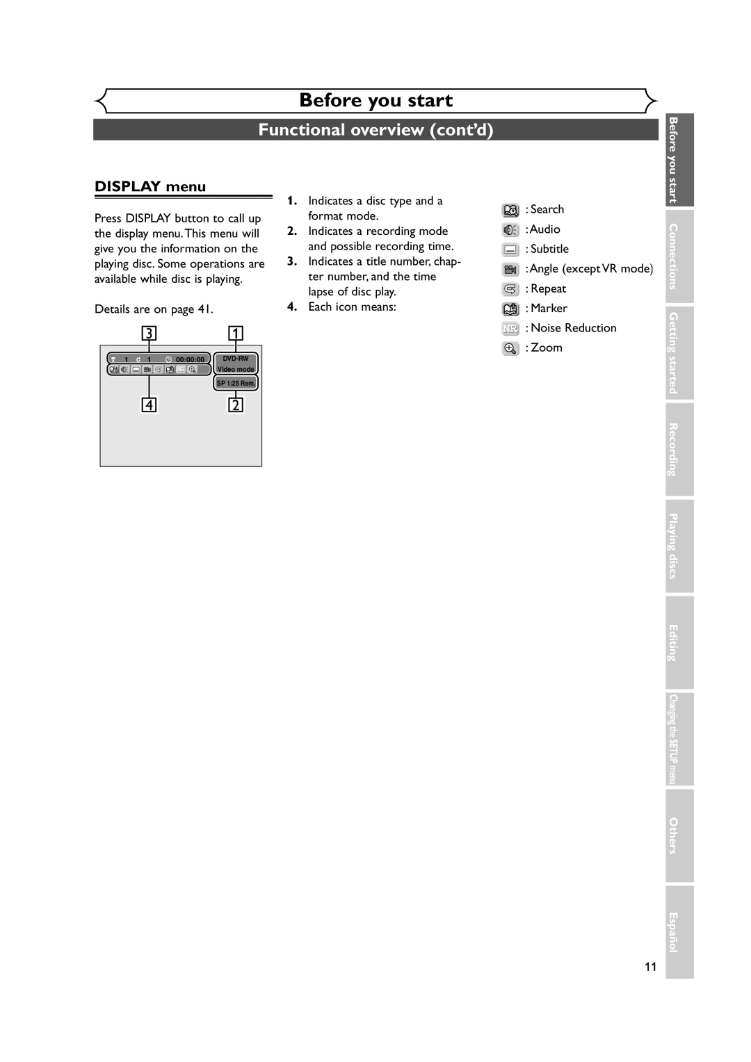 Sylvania DVR90DEA owner manual Display menu, Details are on Indicates a disc type and a format mode, Repeat, Marker, Zoom 