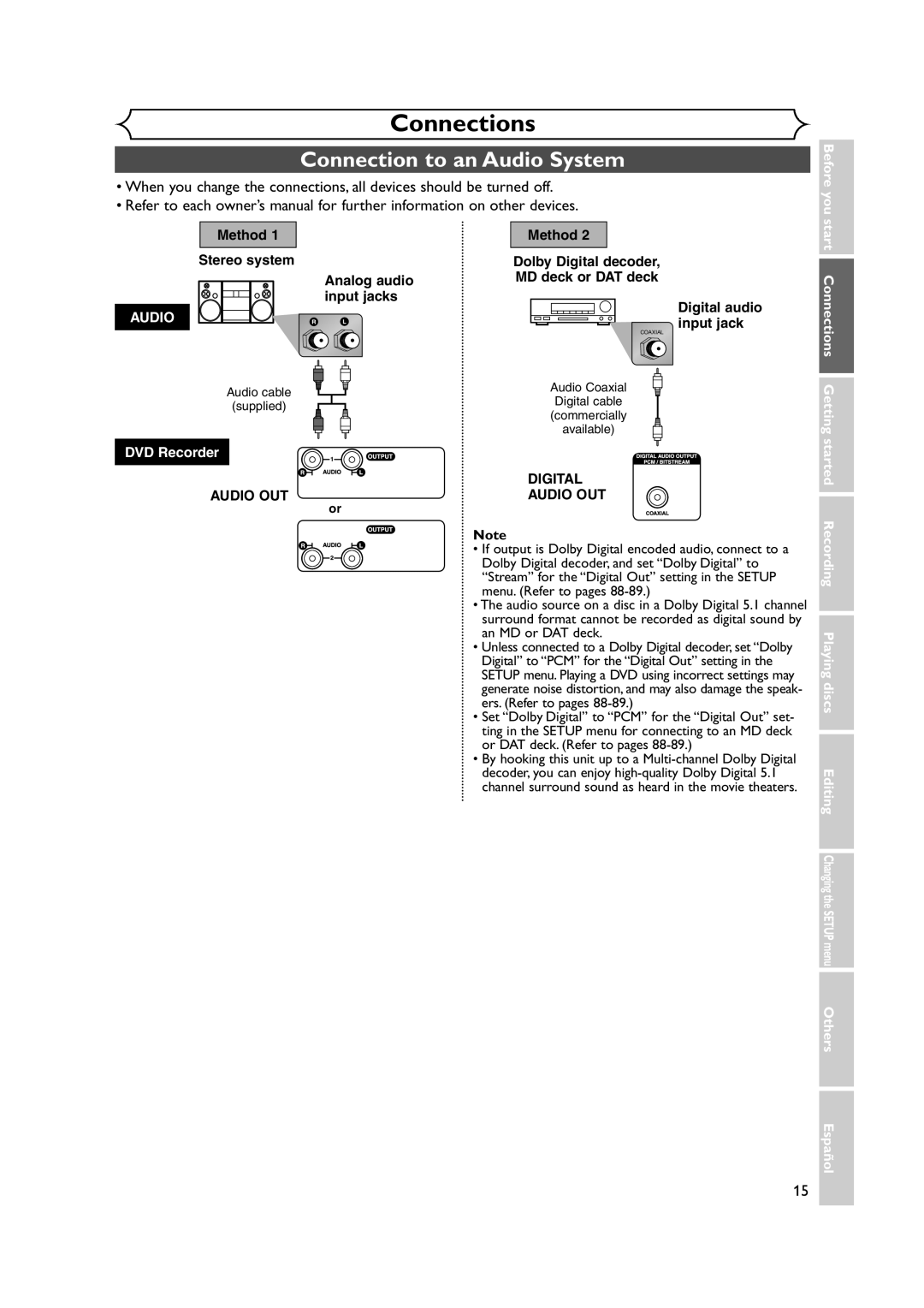 Sylvania DVR90DEA owner manual Connection to an Audio System 