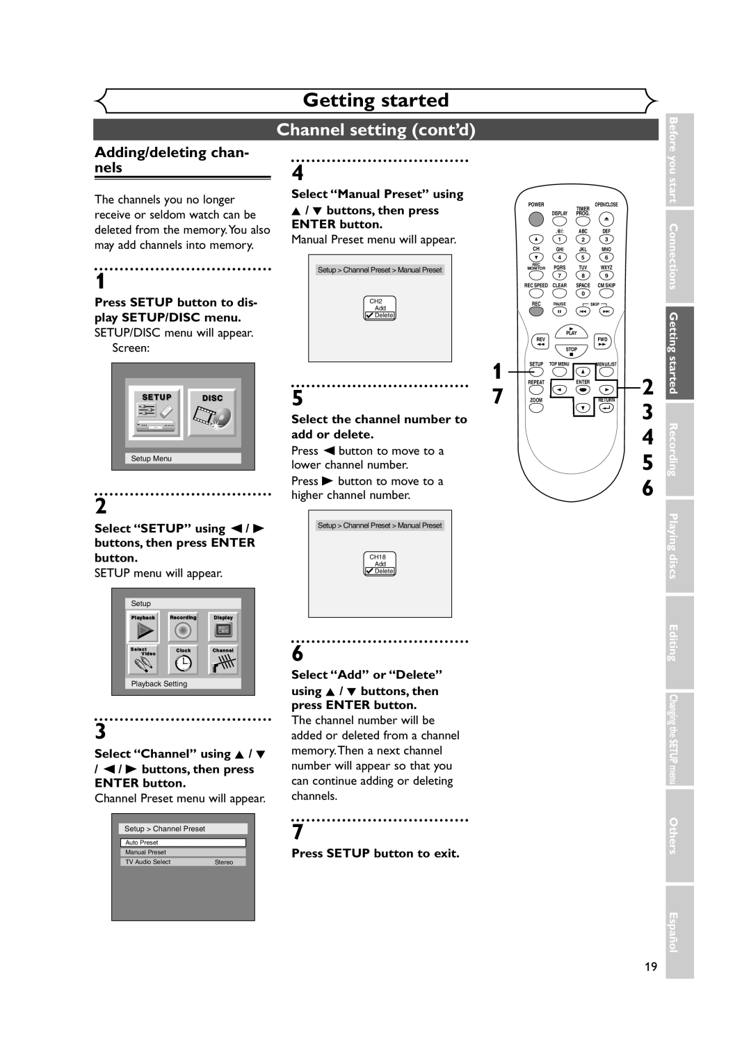 Sylvania DVR90DEA Channel setting cont’d, Adding/deleting chan Nels, Select the channel number to add or delete 