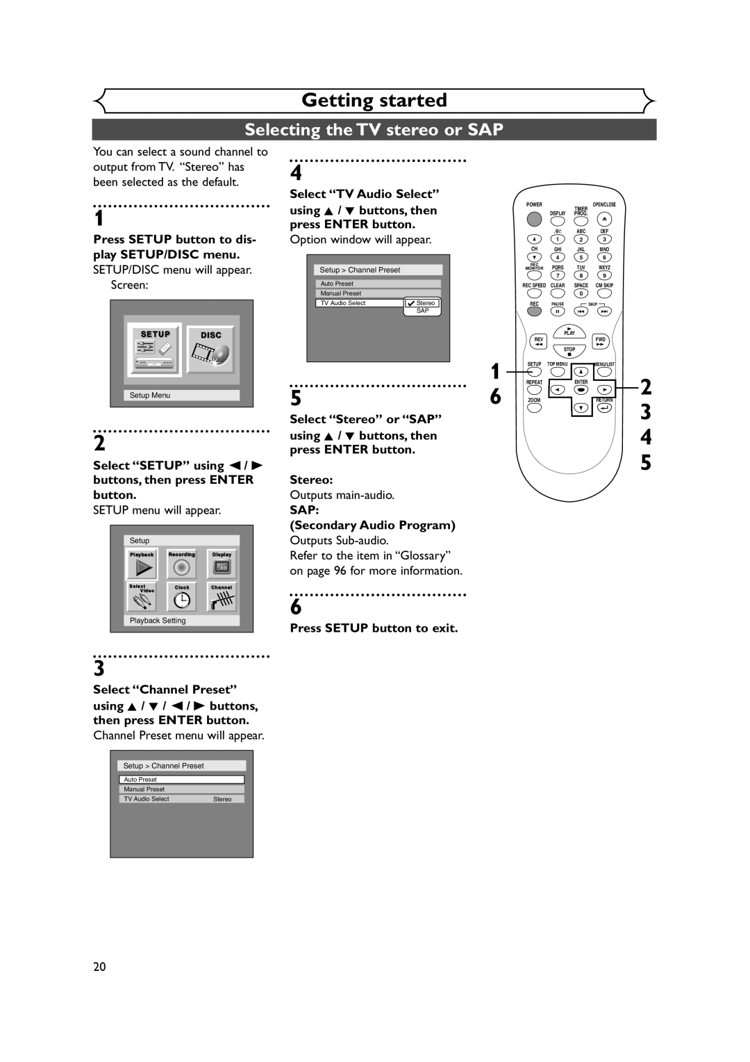 Sylvania DVR90DEA Selecting the TV stereo or SAP, Option window will appear, Outputs main-audio, Secondary Audio Program 