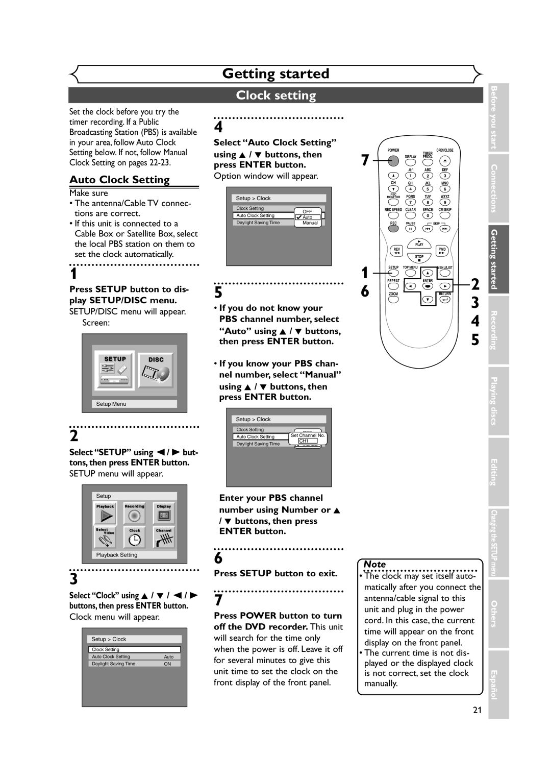 Sylvania DVR90DEA owner manual Clock setting, Auto Clock Setting 