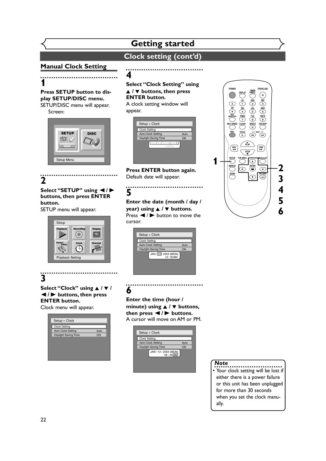 Sylvania DVR90DEA Clock setting cont’d, Manual Clock Setting, Select Clock Setting using Buttons, then press Enter button 