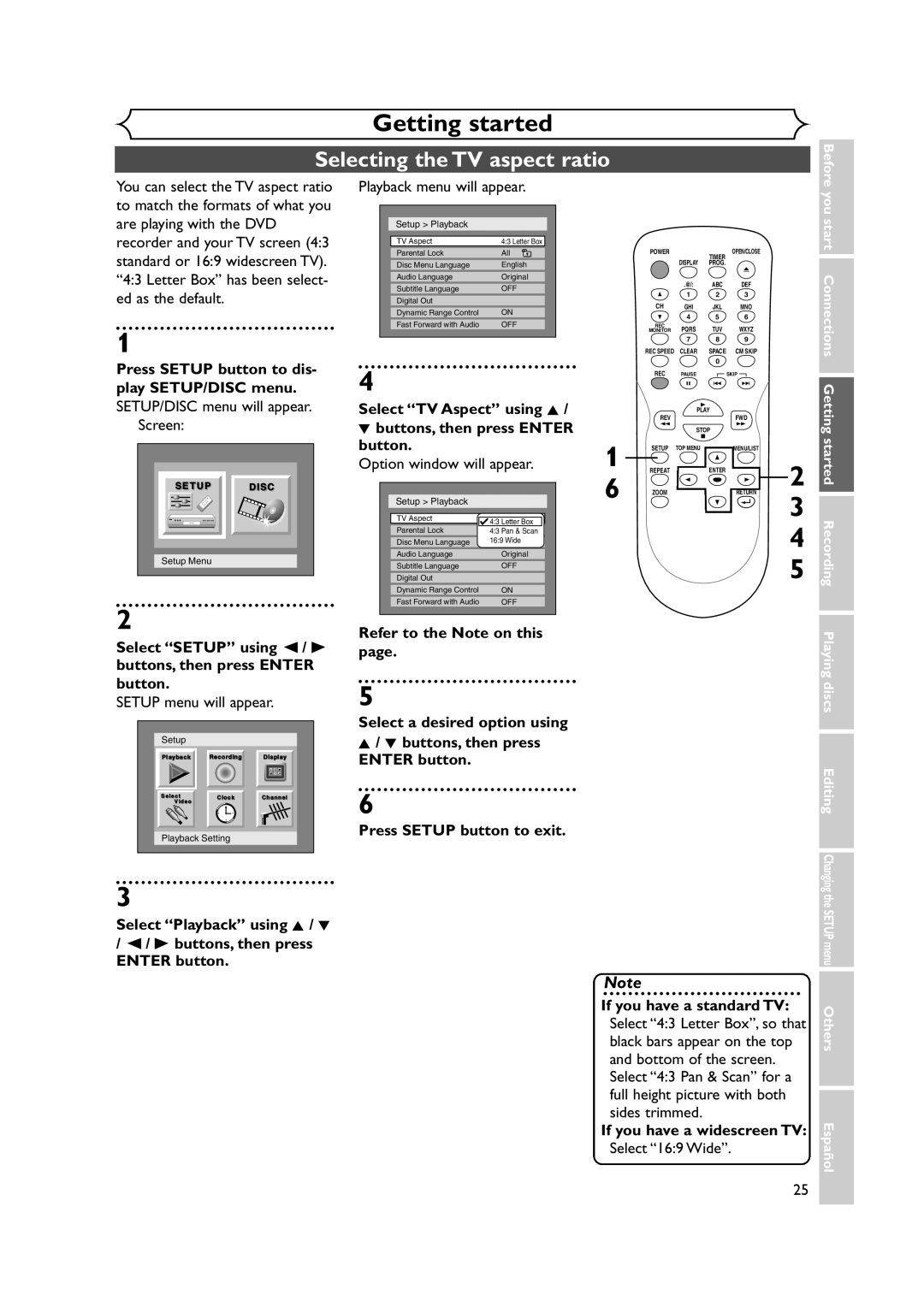 Sylvania DVR90DEA owner manual Selecting the TV aspect ratio, SETUP/DISC menu will appear Screen, Playback menu will appear 