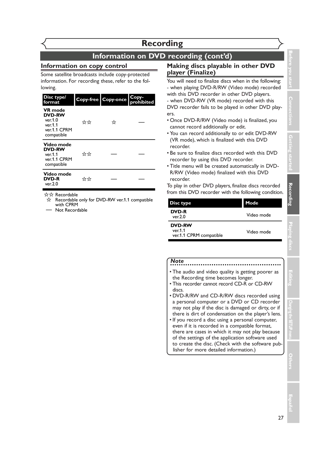 Sylvania DVR90DEA owner manual Information on DVD recording cont’d, Information on copy control 