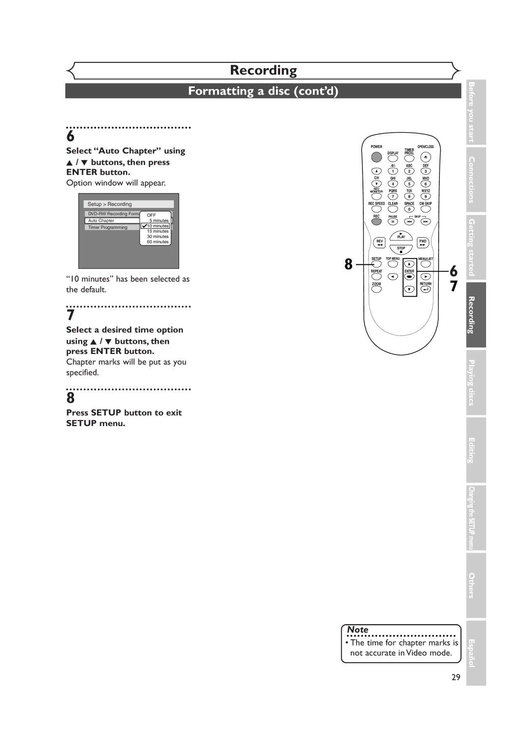 Sylvania DVR90DEA owner manual Formatting a disc cont’d, Select Auto Chapter using, Enter button Option window will appear 