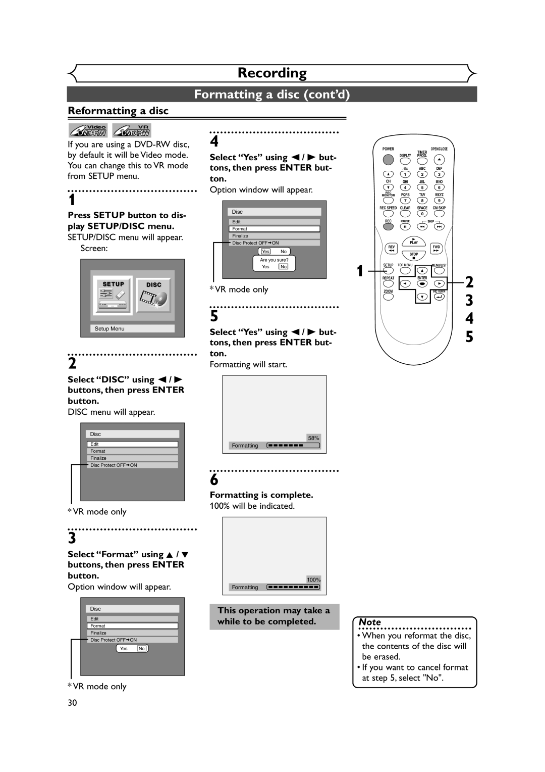 Sylvania DVR90DEA owner manual Reformatting a disc 