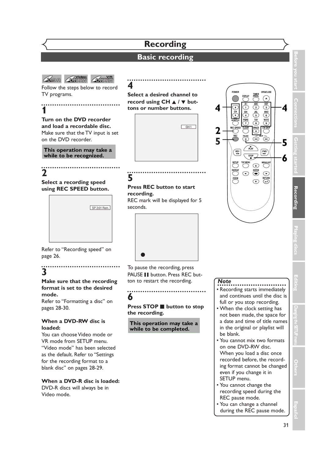 Sylvania DVR90DEA Basic recording, Select a recording speed using REC Speed button, When a DVD-RW disc is loaded 