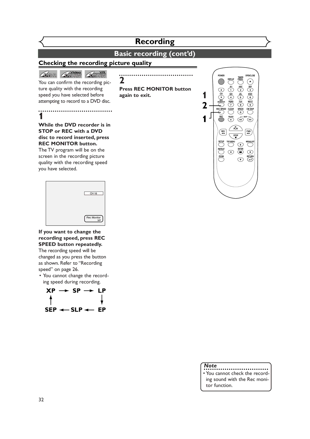 Sylvania DVR90DEA owner manual Basic recording cont’d, Checking the recording picture quality, Xp Sp Lp 