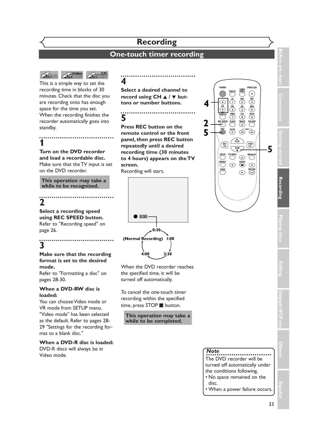 Sylvania DVR90DEA One-touch timer recording, Select a desired channel to record using CH K / L but, Load a recordable disc 